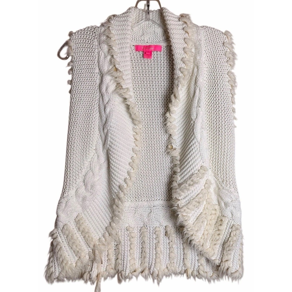 Lilly Pulitzer Sweater‎ Vest S Ivory Chunky Knit Fringe Boho Cottagecore Open - Picture 2 of 13